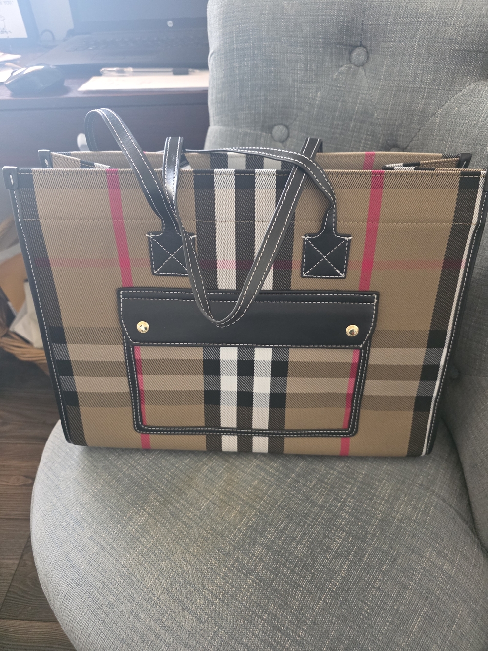 Classic Plaid Tote Bag with Black Trim - Beige and Red